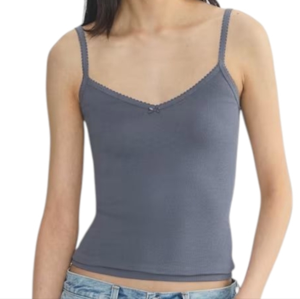 Aritzia Homestretch Rib Lace Bow V Neck Cami Tank XL Vintage Navy NWT